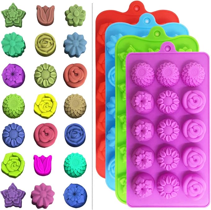 4 PACK Flower Shape Chocolate Candy Molds Set,DanziX Silicone 15 Cavity Baking Mold Ice Cube Tray for Wedding,Festival,Parties and DIY Crafts-Green,Blue,Red and Purple