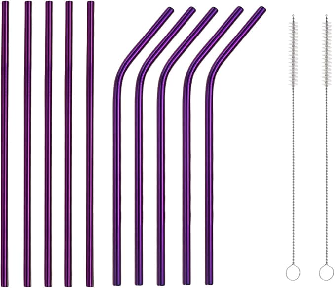 10 Pcs Stainless Steel Straws, Reusable Drinking Straws, 5 Straight + 5 Bent Metal Straws Set With 2 Pcs Cleaning Brushes (Purple, 8.5 Inch)