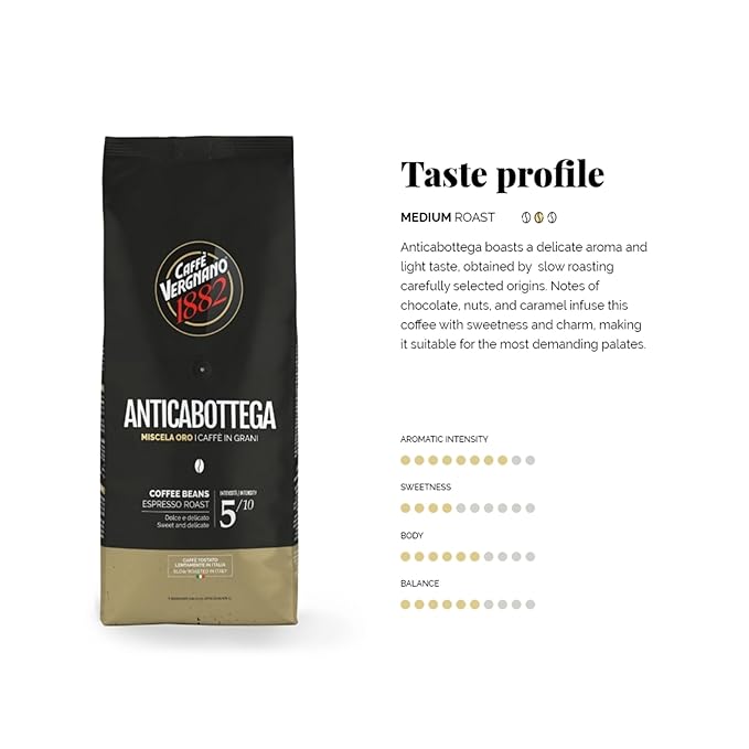 Caffe Vergnano 1882 Antica Bottega Whole Bean Arabica Medium Roast Espresso, 1.1 lbs Bag - Italian Coffee Beans with notes of Chocolate, Nuts & Caramel, Intensity 5/10-500g Bag (6 Pack)