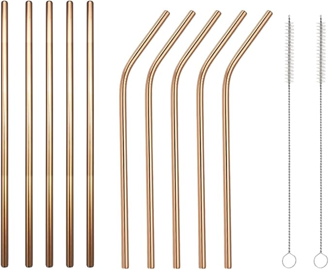 10 Pcs Stainless Steel Straws, Reusable Drinking Straws, 5 Straight + 5 Bent Metal Straws Set With 2 Pcs Cleaning Brushes (Rose Gold, 10.5 Inch)