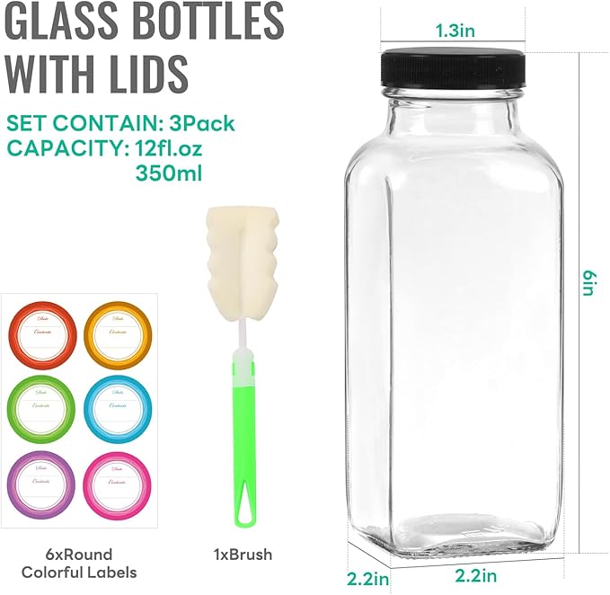 12 oz Glass Juice Bottles with Lids 3 Pack,Reusable Glass Drink Bottles,350ml Water Drinking Jars for Milk,Juicing,Kombucha,Ginger,Beverage Glassware,Juice Drinking Jars
