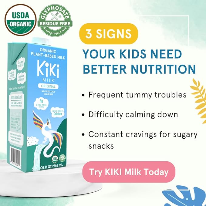 Kiki Milk Plant Based Milk - Organic Original Kiki Milk - Calcium & Magnesium Source - Gluten Free, Gum Free, GMO Free, Dairy Free, Soy Free, Glyphosate Free - Shelf Stable - (32 oz • Pack of 6)