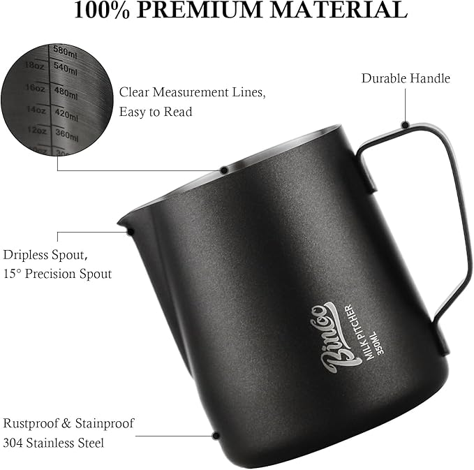 Milk Frothing Pitcher - 350ml/12oz Milk Frother Cup Espresso Steaming Pitcher for Barista, Bincoo SUS304 Stainless Steel Espresso Steaming Pitchers for Latte Art/Cappuccino/Coffee (Dark-Blue-350ml)