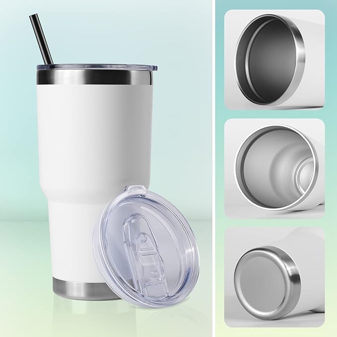 DOMICARE 30 oz Tumbler with Lid and Straw, Stainless Steel Tumblers Bulk, Insulated Vacuum Double Wall Travel Coffee Mug, Durable Powder Coated Tumbler Cups (White, 8)