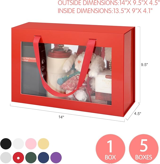 Large Red Clear Gift Box, 13.5x9x4.1 Inches, With Window & Handle, Magnetic Closure, Suitable for Various Occasions