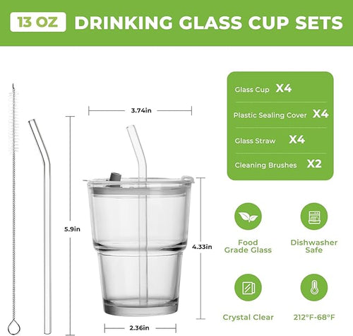 4 Pack 13 Oz Glass Cups with Lids and Straws Glass Iced Coffee Cups with Lids Vintage Glass Tumbler for Beer Ice Coffee Fruit Juice Elegant Aesthetic Cup Glassware Include 1 Cleaning Brushes
