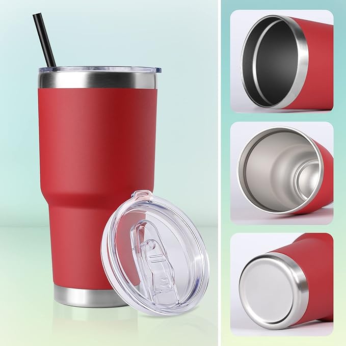 DOMICARE 30 oz Tumbler with Lid and Straw, Stainless Steel Tumblers Bulk, Insulated Vacuum Double Wall Travel Coffee Mug, Durable Powder Coated Tumbler Cups (Red, 12)