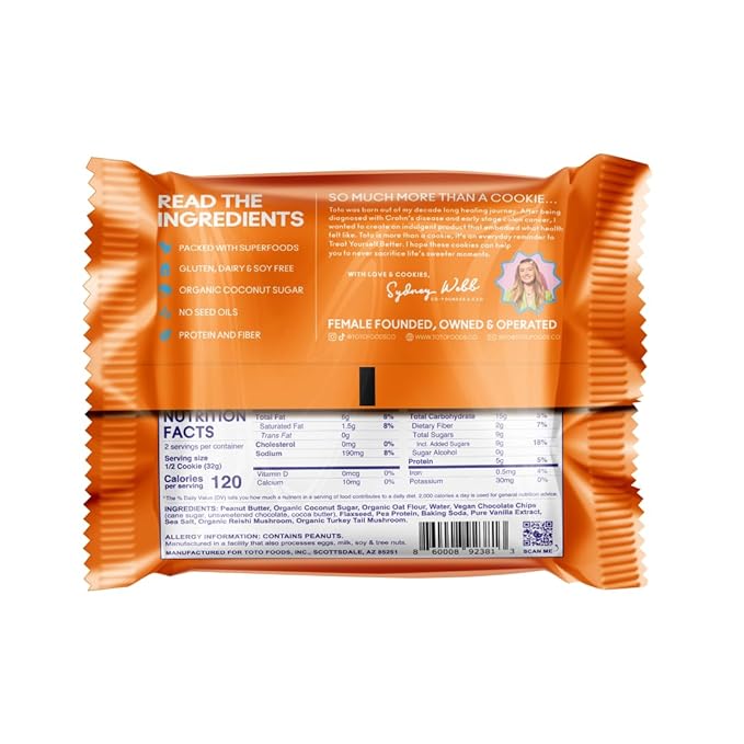 Toto's Peanut Butter Chocolate Chip Vegan Cookies: Gluten-Free High-Fiber Cookie with Plant-Based Protein, Superfoods, and Adaptogens - 10X Individually Wrapped Cookies