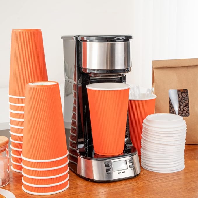 Restaurantware 16 Ounce Ripple Wall Disposable Coffee Cups, 500 Insulated Orange Paper Tumblers, Rolled Rim Design, Lids Sold Separately for Hot Drinks like Tea, Hot Chocolate and More