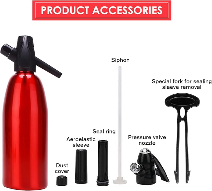 1L Portable Home Soda Maker – Aluminum Soda Siphon, Vintage Seltzer Bottle for DIY Homemade Carbonated Drinks, Sparkling Water Maker for Healthy Soda Water & Cocktails (Red)
