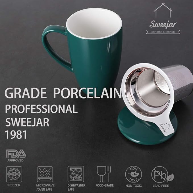 Sweejar Porcelain Tea Infuser Mug with Lid, 16 oz Teacup with Strainers for Loose Leaf Tea, Microwave and Dishwasher Safe Coffee Mug(New Jade)