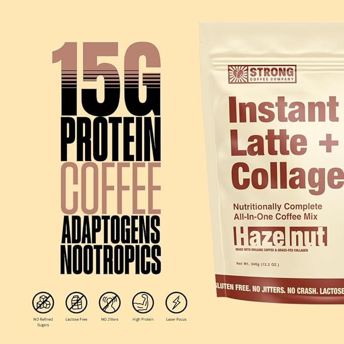 STRONG COFFEE COMPANY Instant Hazelnut Latte - 15g Protein, Instant Protein Coffee with Collagen, Adaptogens & Nootropics, No Crash, No Jitters, 12 Servings Bag