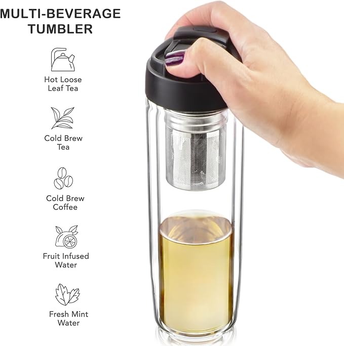 Teabloom Travel Tea Infusing Cup – Insulated Borosilicate Glass Bottle with Magnetic Controlled Infuser and Flip Lid for Hot Tea, Cold-brew Coffee, Fruit Water – The Innovator Tumbler (15oz/450ml)