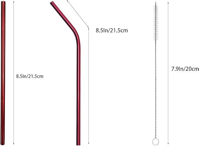 10 Pcs Stainless Steel Straws, Reusable Drinking Straws, 5 Straight + 5 Bent Metal Straws Set With 2 Pcs Cleaning Brushes (Red, 8.5 Inch)