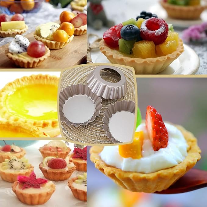 DATANYA Mini Tart Pans Removable Bottom 3 Inch, Carbon Steel Nonstick Quiche Pan Pie Tart Tin Mold, 0.8inches High for Baking Tartlets, Pies, Cakes, Cupcakes - Premium Champagne Gold 12PCS