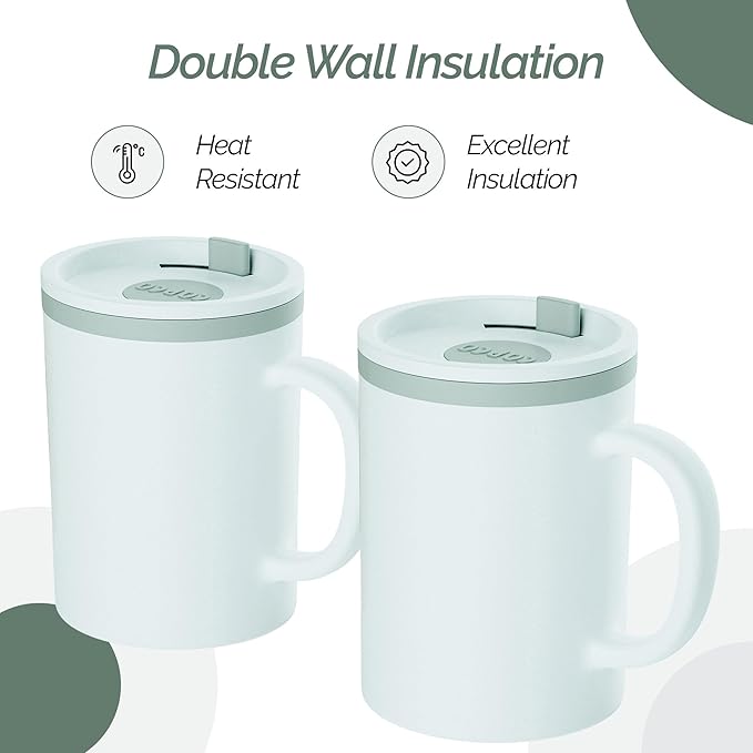 Copco Iconic 16oz Double Wall Insulated Desk Mug with Lid & Handle, Set of 2, BPA-Free Reusable Plastic, Spill-Proof, Microwave & Dishwasher Safe, Wide Mouth, Cup Holder Friendly (Grey)