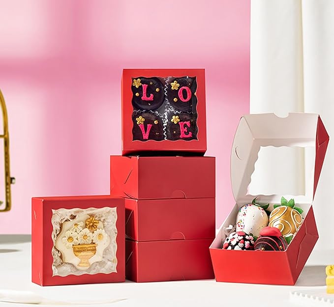 40 Pack 4x4x2 inches Red Bakery Boxes with Window - Macaron, Cookie, Chocolate Truffle, Strawberry & Mini Cake Gift Boxes for Valentine's, Parties, Birthdays, Wedding, Christmas Favors