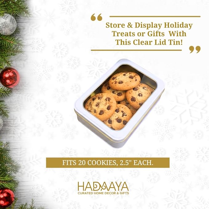 Pack of 2 Pearl White Rectangular Tin Container With Clear Lid, Multipurpose Tin Box, Festive Tin Box for Gift Giving, Cookies, Stationery & More - 7.25 x 5.25 x 2.25 Inches