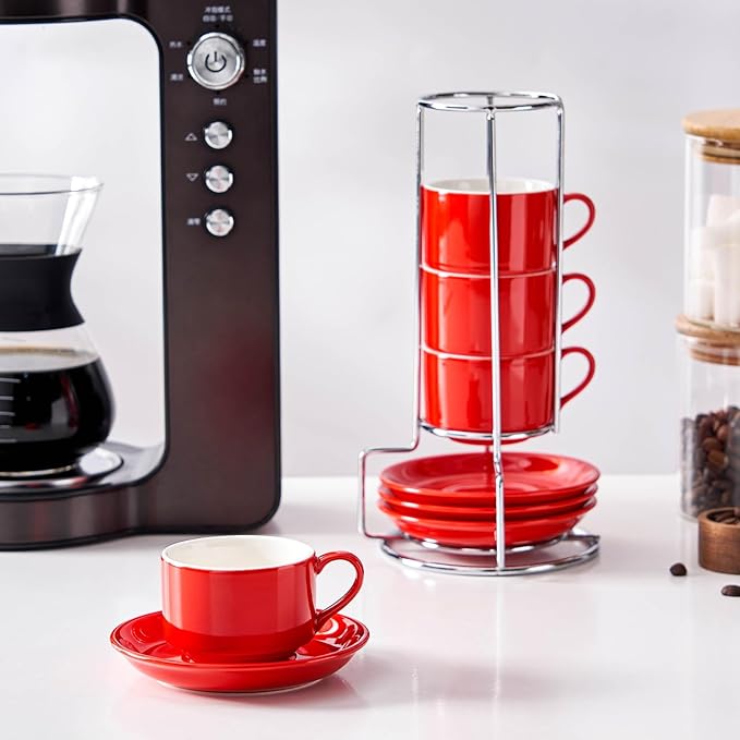2.5 Ounce Porcelain Espresso Cups with Saucers and Silver Stand, Red Stackable Cups Set of 4
