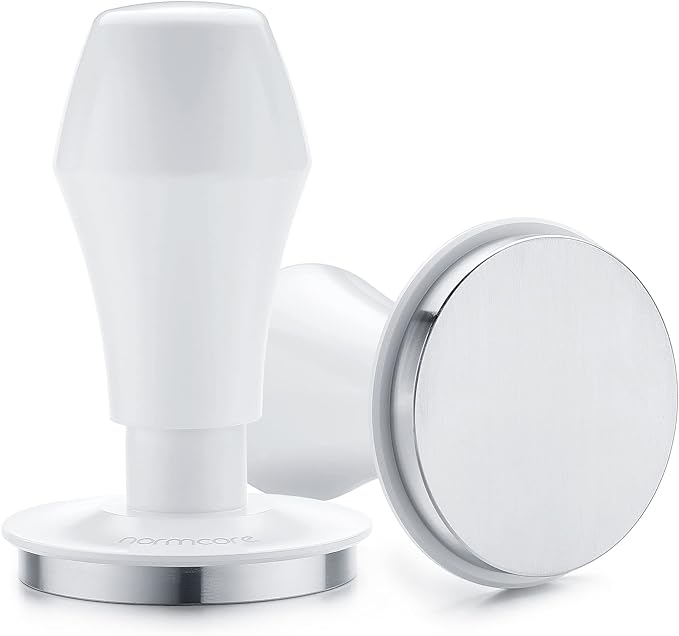 Normcore 53.3mm Espresso Coffee Tamper V4 - Spring Loaded Tamper With Stainless Steel Flat Base - Non-stick coating White - 15lb / 25lb / 30lbs Replacement Springs - Anodized Aluminum Stand