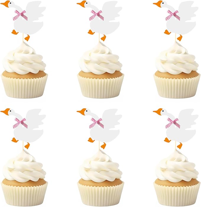 12PCS Silly Goose Cupcake Toppers, Funny Goose Birthday Cake Decorations White Goose Baby Shower Theme Decorations Party Supplies for Baby Boy Girls Birthday Party Decorations
