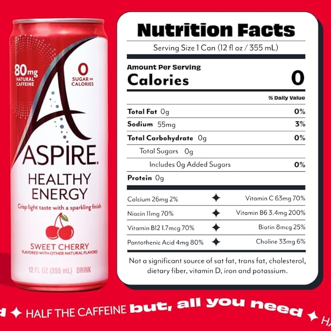 ASPIRE® Sweet Cherry, Healthy Energy Drink 80mg Natural Caffeine, Zero Sugar No Carbs Keto Friendly, 12 Pack Green Tea Sugar Free Drink Low Caffeine Zero Calorie