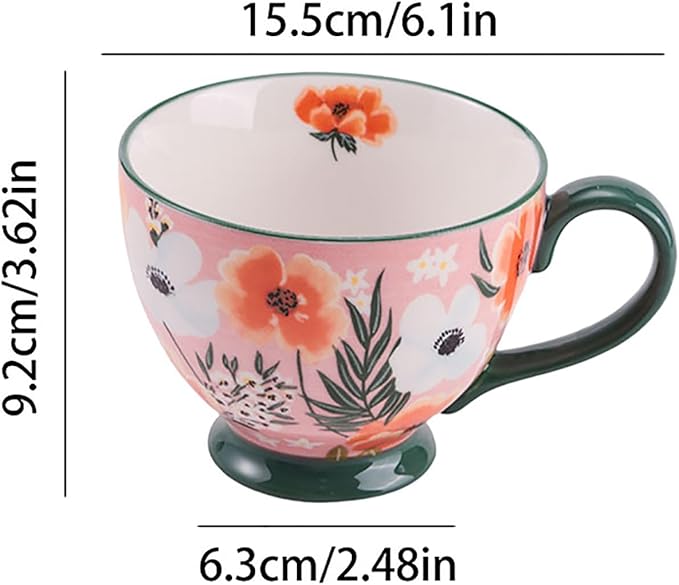 Vintage Flower Mugs – Large Ceramic Coffee Mug (15oz) – Cute Cereal Cup for Breakfast, Oatmeal Tea & Hot Drinks – Handmade Ceramic Cup with Floral Design