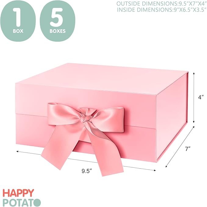 HAPPY POTATO 5 Gift Boxes with Ribbon 9x6.5x3.8 Inches, Pink Gift Boxes with Lids, Bridesmaid Proposal Boxes, Magnetic Gift Boxes for Presents (Glossy Pink, Pack of 5)