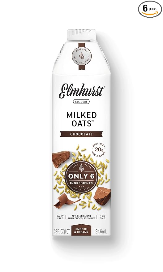 Elmhurst 1925 Chocolate Oat Milk - 32 Ounce (Pack of 6) Dairy-Free, Vegan, Kosher, Gluten-Free, Less Sugar, Shelf Stable Plant Based Milk Made with Whole Grain Oats & Cocoa for Smoothies & Baking