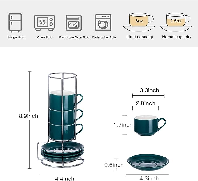 2.5 Ounce Porcelain Espresso Cups with Saucers and Silver Stand, Blackish Green Stackable Cups Set of 4
