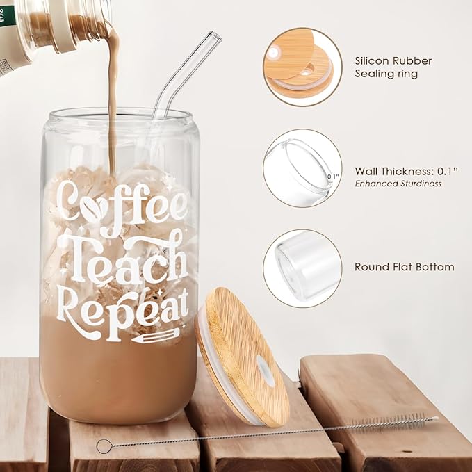SANDJEST Teacher Glass Can, Coffee Teach Repeat Cup, Coffee Aesthetic Cups, Gift for Christmas Thanksgiving Birthday Teacher Appreciation, Gifts for Women, 16oz
