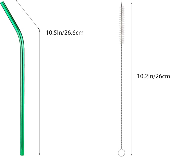 10 Pcs Stainless Steel Straws, Reusable Drinking Straws, Bent Metal Straw Sets with 2 Pcs Cleaning Brushes (Green, 10.5 Inch)