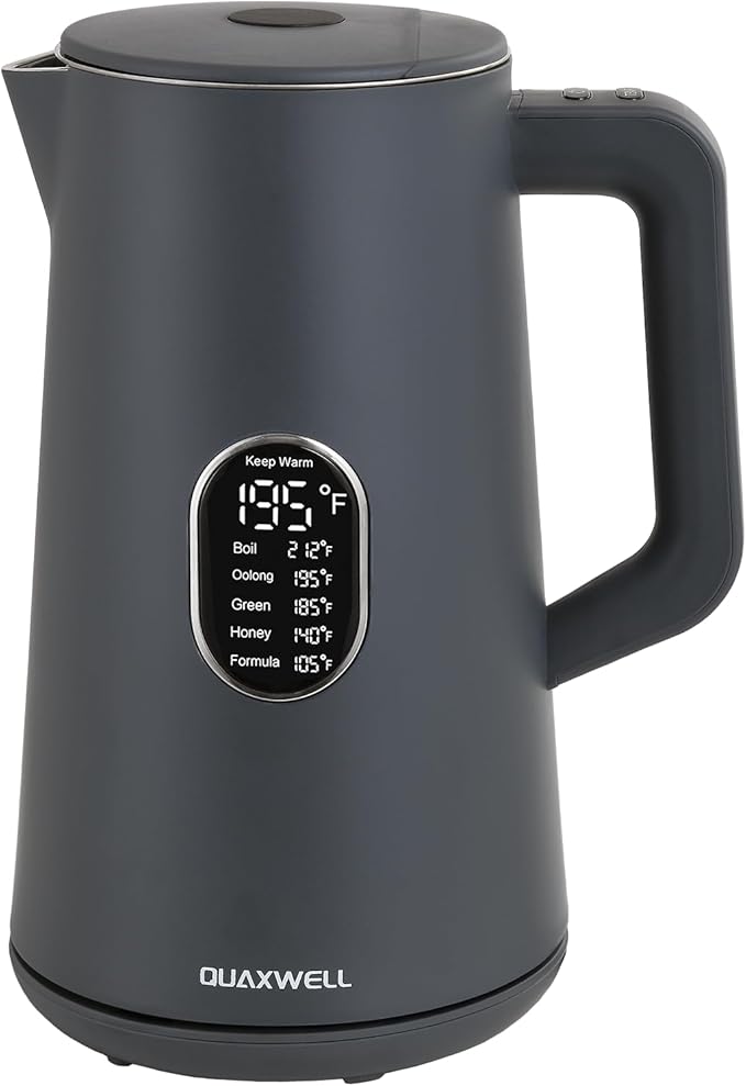 1.5L Electric Kettle Stainless Steel, Double Wall Cool Touch Teapot, Fast Boil,5 Temperature Control, LED Display, Auto Shut-Off, BPA-Free,Keep Warm Function, Ideal for Tea & Coffee,Gray