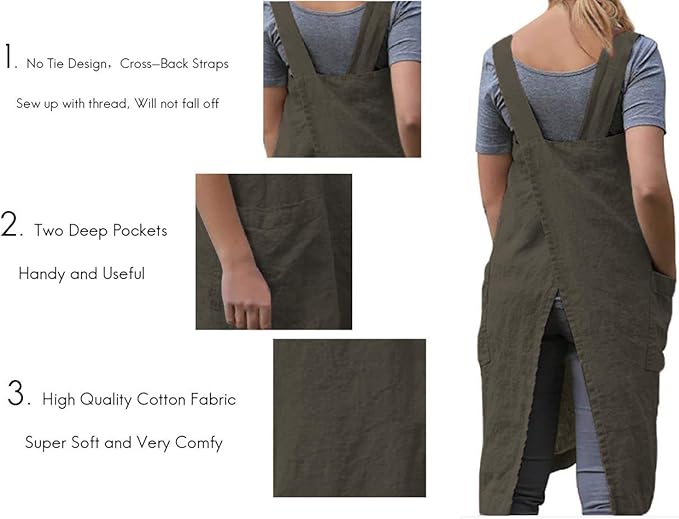 Women's Pinafore Square Apron Baking Cooking Gardening Works Cross Back Cotton/Linen Blend Dress with 2 Pockets