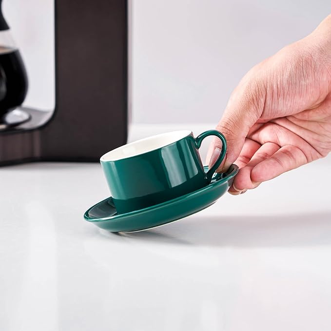 4oz Porcelain Stackable Espresso Cups with Saucers and Metal Stand Set of 4, Stackable Cappuccino Cups, Green Expresso Shots Cup Set for Coffee Drinks, Latte, Americano, Tea