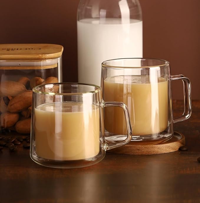 CNGLASS 15.2oz(4-pack) Glass Coffee Mugs,Double Wall Insulated Glass Mugs with Handle,Clear Espresso Mugs for Latte,Cappuccino,Tea Bag
