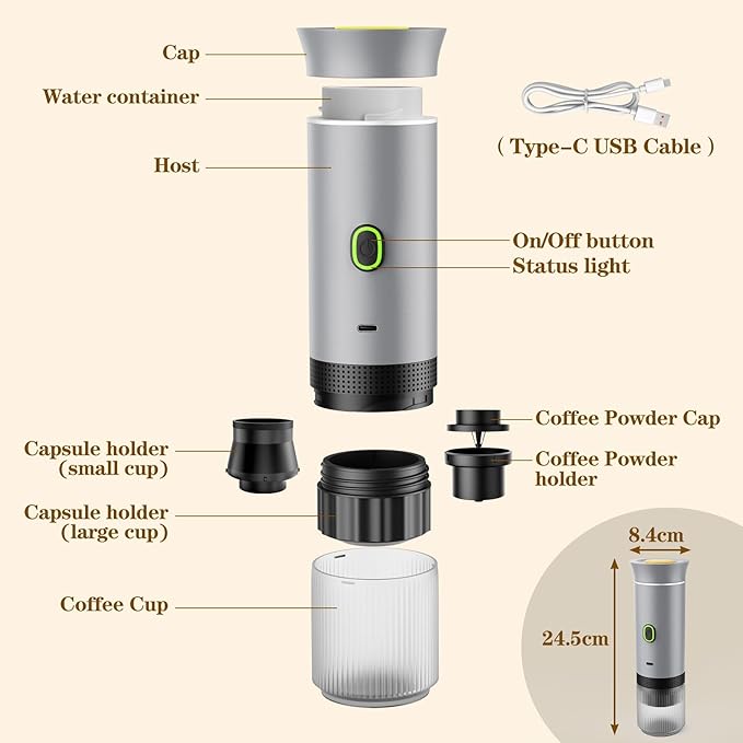 3-in-1 Portable Espresso Maker, Travel Coffee Maker, Self-Heating Car Coffee Maker with USB-C, Small Espresso Machine with Ground Coffee & Capsules (NS＆DG) for RV, Hiking, Office (silver)