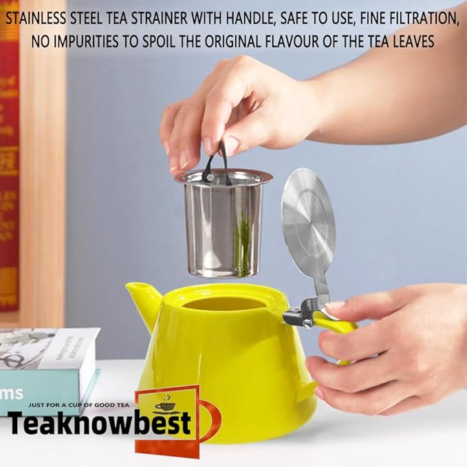 Ceramic teapot, 19oz Tea pot for loose leaf tea, Tea infuser pot with Removable 18/8 Stainless Steel Infuser and teaspoon, Suitable for 1-2 people to brew tea or coffee (yellow)