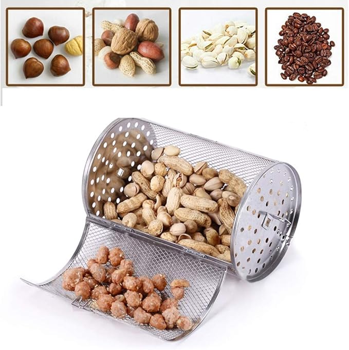 Falytemow 12 x 18 cm Stainless Steel Rotisserie Grill Roaster Drum Oven Basket Oven Roast Baking Rotary for Peanut Dried Nut Coffee Beans BBQ