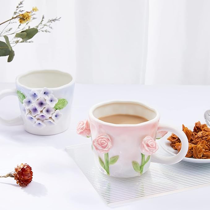 3D Flower Coffee Mug Lily of the Valley Ceramic Cup,12 oz Cute Handmade Mugs,Christmas Birthday Surprise for Friends Family or Flower Lovers (Pink Lily of the Valley)