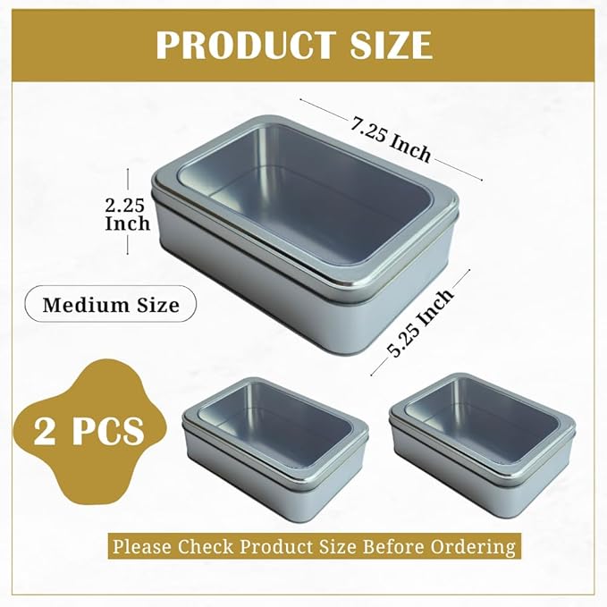 Pack of 2 Silver Rectangular Tin Container With Clear Lid, Multipurpose Tin Box, Festive Tin Box for Gift Giving, Cookies, Stationery & More - 7.25 x 5.25 x 2.25 Inches