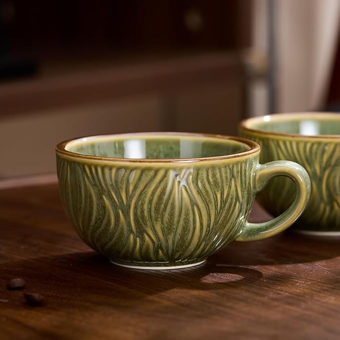 Set of 6 Vintage Design 12 oz Professional Barista Ceramic Latte Art Cappuccino Cups Set (Wave Green)