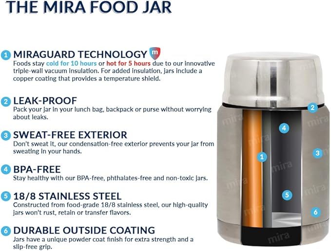 MIRA 15 oz Insulated Food Thermos for hot and cold foods - Leak-Proof Stainless Steel Container with Spoon - Pearl Blue