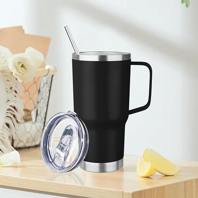 20oz Insulated Tumbler with Handle Stainless Steel Travel Coffee Mug with Lid and Straw Double Wall Vacuum Leak-proof Reusable Thermal Water Cup for Hot and Cold Drinks (Black,1 Pack)
