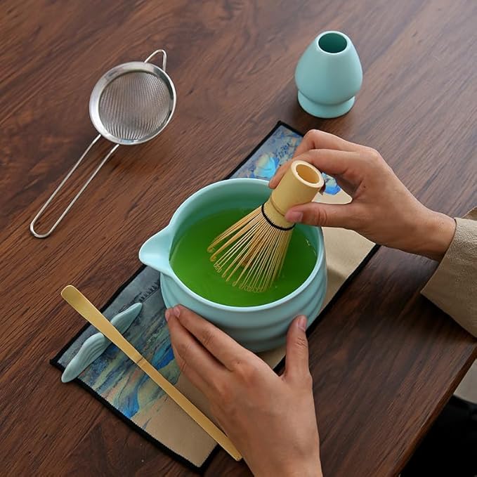 Matcha Set Matcha Whisk Matcha Bowl With Water Ladle Matcha Whisk Holder Tea Making Kit.Japanese Tea Set(7pcs)+1Spoon，Celadon Blue gift set