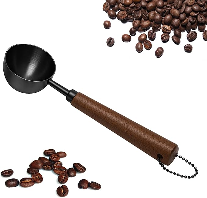 1pcs Coffee Scoop for Ground Coffee, Beans and Tea，Vintage Coffee Measuring Spoon with Long Wooden Handle 30ml/10g Capacity 304 Stainless Steel（Black)