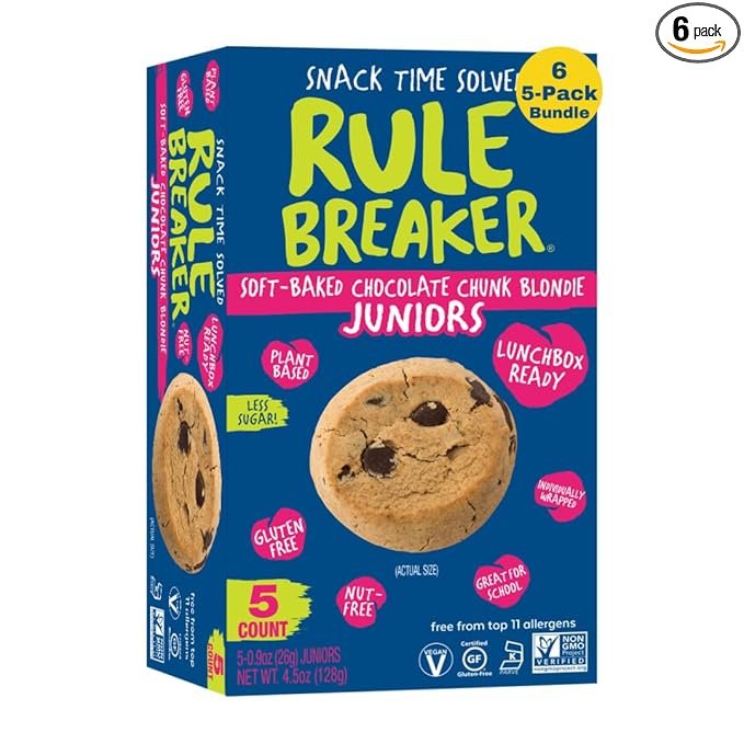 Rule Breaker Vegan & Gluten Free Cookies | Chocolate Chip Junior | Gluten-Free, Nut-Free, Top 11 Allergen-Free, Plant-Based | 6 5-count Boxes of Individually Wrapped (Pack of 6)
