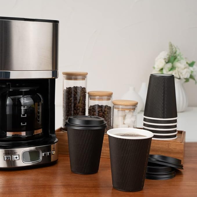 Restaurantware 8 Ounce Double Wall Disposable Coffee Cups, 500 Insulated Black Paper Tumblers with Ripple Wall Design, Lids Sold Separately for Hot Drinks like Tea, Hot Chocolate, and More