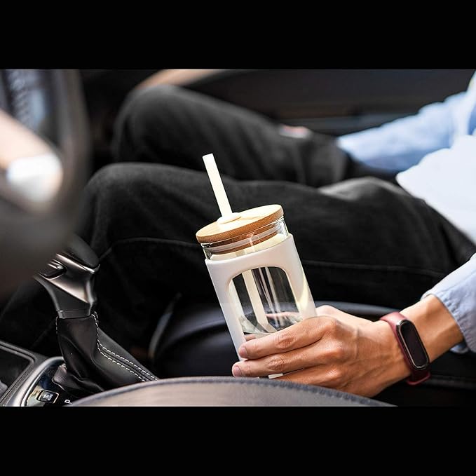 Kodrine 20oz Glass Tumbler with Straw and Lid, Bamboo Lids Water Bottle, Reusable Iced Coffee Cups, Wide Mouth Smoothie Cup with Protective Silicone Sleeve BPA FREE-White+Black-2pack