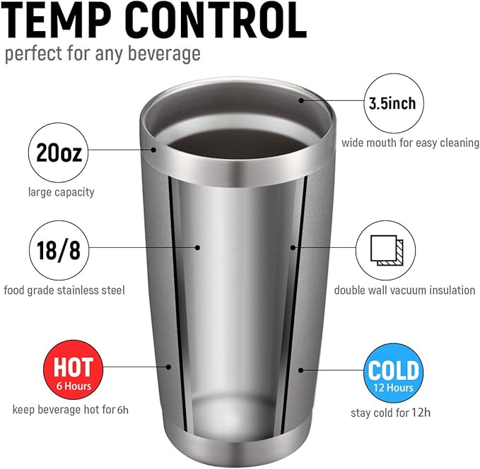 COMOOO 20oz 4Pack Double Wall Vacuum Insulated Travel Mug, Stainless Steel Tumbler with Lid, Durable Powder Coated Insulated Coffee Cup for Cold & Hot Drinks (Grey, 4 Pack)
